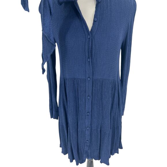 Sezane Selena Tie Neck Long Sleeve Navy Blue Tiered Dress - Picture 12 of 15